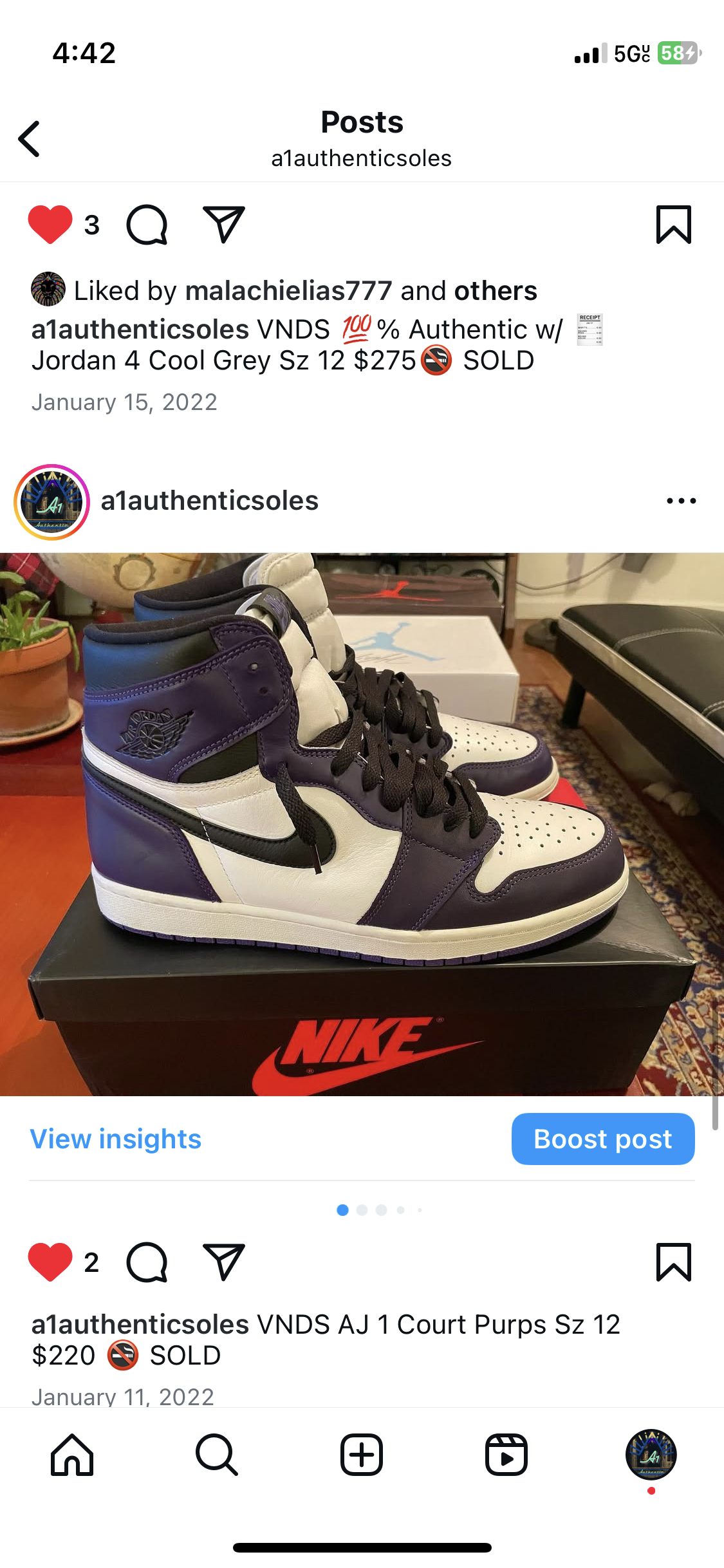 Air Jordan 1 Hi Court Purp Sz 12